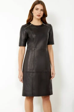 Black Leather Zip Detail Shift Dress