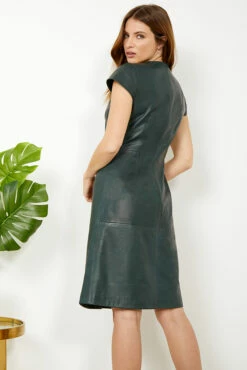 Dark Green Leather V Neck Popper Front Dress -SOSANDAR Sales s20dl01gn 1 13