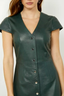 Dark Green Leather V Neck Popper Front Dress -SOSANDAR Sales s20dl01gn 1 14