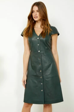 Dark Green Leather V Neck Popper Front Dress -SOSANDAR Sales s20dl01gn 1 7