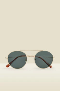 Gold Round Frame Bar Detail Sunglasses