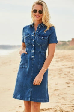 Indigo Blue Popper Front Short Sleeve Stretch Denim Dress -SOSANDAR Sales s65 s21dd406io 005