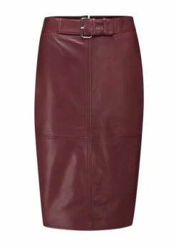 Burgundy Leather Buckle Detail Pencil Skirt -SOSANDAR Sales small web sa17st05 leather buckle detail pancil skirt burgundy