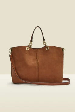 Tan Faux Suede & Leather Tote Bag With Shoulder Strap