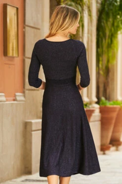 Navy Blue Metallic Sweetheart Neckline Fit & Flare Knitted Dress 12 Navy Blue Metallic Sweetheart Neckline Fit & Flare Knitted Dress -SOSANDAR Sales web 01 a21dk588 093