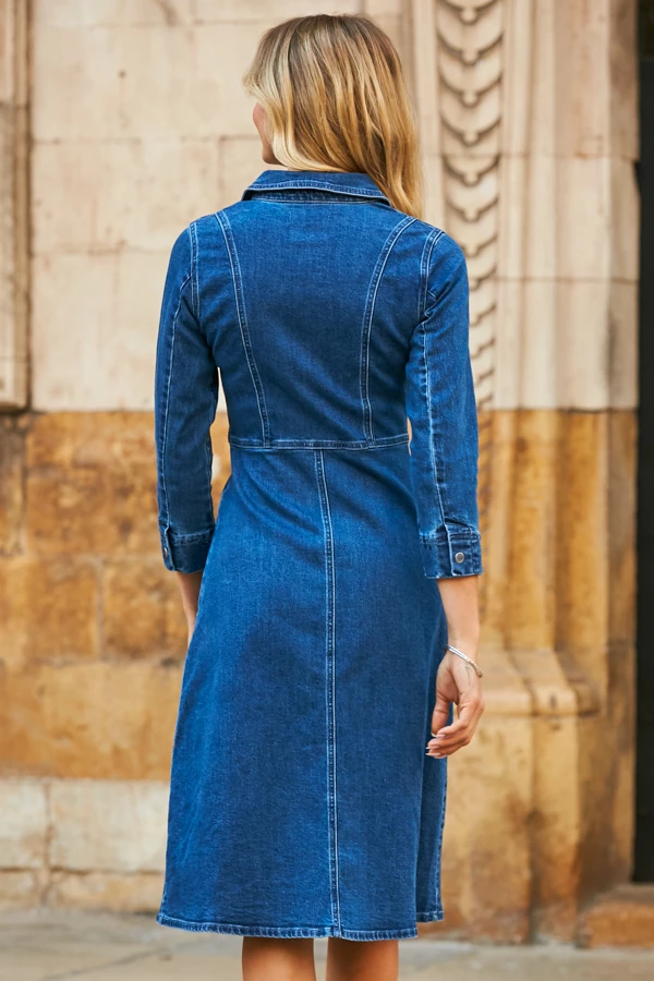 Mid Blue Popper Front Denim Midi Dress With Pockets 4 Mid Blue Popper Front Denim Midi Dress With Pockets - Image 2