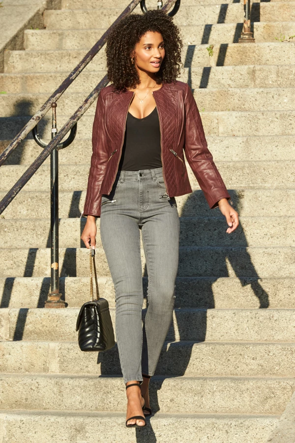 Burgundy Quilted Leather Collarless Jacket 6 Burgundy Quilted Leather Collarless Jacket - Image 4