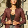 Burgundy Quilted Leather Collarless Jacket -SOSANDAR Sales web 13 a21ol005 a20bd002gy 084
