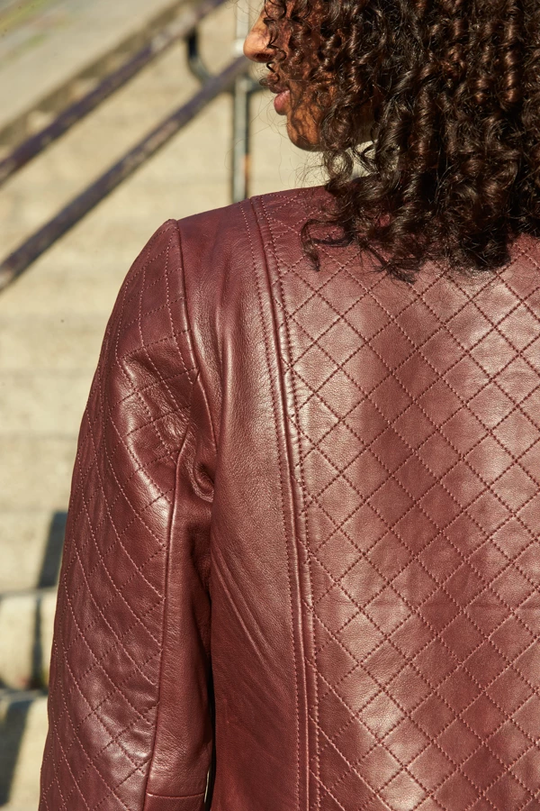 Burgundy Quilted Leather Collarless Jacket 9 Burgundy Quilted Leather Collarless Jacket - Image 7