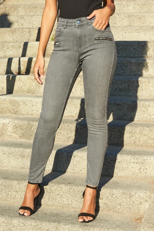 Grey Zip Detail Skinny Biker Jeans 4 Grey Zip Detail Skinny Biker Jeans - Image 2