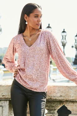 Rose Gold Sequin V Neck Blouson Sleeve Top 12 Rose Gold Sequin V Neck Blouson Sleeve Top -SOSANDAR Sales web 16 s20tw100pk 073 2