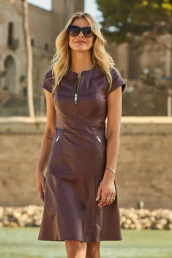 Burgundy Leather Quilt Detail Zip Front Fit & Flare Dress 11 Burgundy Leather Quilt Detail Zip Front Fit & Flare Dress -SOSANDAR Sales web 20 a21dl001rd 067 1