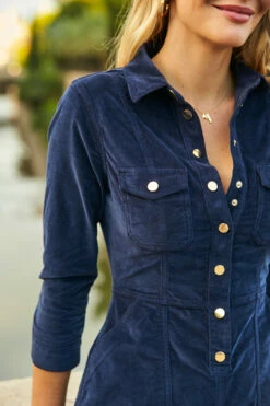 Navy Blue Luxe Velvet Popper Front Dress -SOSANDAR Sales web 24 a21dd012 125