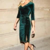 Emerald Green V Neck Velvet Ruched Detail Midi Dress -SOSANDAR Sales web 4 a21dv001 009 2 1