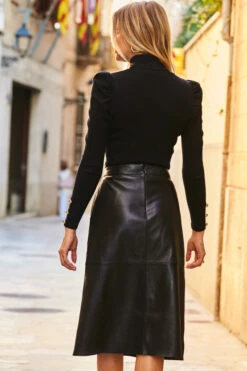 Black Leather A-Line Skirt With Pockets -SOSANDAR Sales web 57 a21sl003bk 145