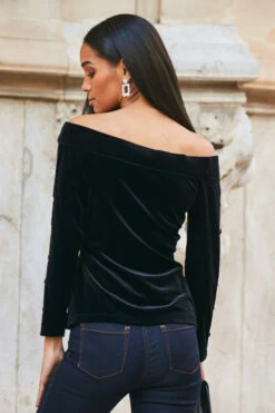 Black Velvet Embellished Sleeve Bardot Top -SOSANDAR Sales web 76 a21tv002 143
