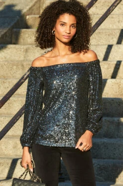 Black Sequin Luxe Bardot Top -SOSANDAR Sales web 9 a21tw005 a20bd008bk 107