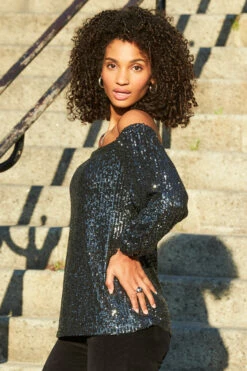 Black Sequin Luxe Bardot Top -SOSANDAR Sales web 9 a21tw005 a20bd008bk 170