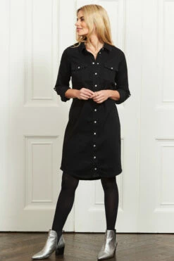 Black Denim Popper Front Relaxed Fit Shirt Dress -SOSANDAR Sales web s7 s21bd003bk a20fw024 094 1