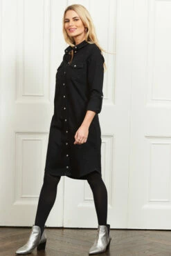 Black Denim Popper Front Relaxed Fit Shirt Dress -SOSANDAR Sales web s7 s21bd003bk a20fw024 101 1