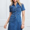 Indigo Blue Popper Front Short Sleeve Stretch Denim Dress -SOSANDAR Sales web s8 s21dd406io001w s21fw022bn 030