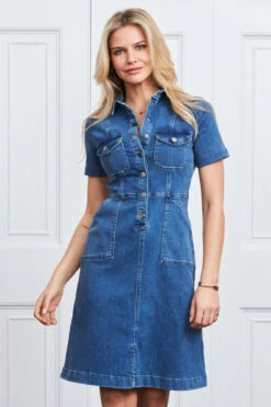 Indigo Blue Popper Front Short Sleeve Stretch Denim Dress