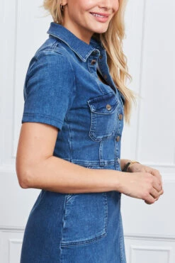 Indigo Blue Popper Front Short Sleeve Stretch Denim Dress -SOSANDAR Sales web s8 s21dd406io001w s21fw022bn 068