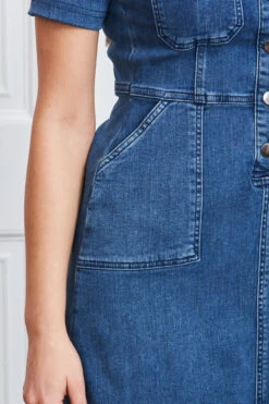 Indigo Blue Popper Front Short Sleeve Stretch Denim Dress -SOSANDAR Sales web s8 s21dd406io001w s21fw022bn 071