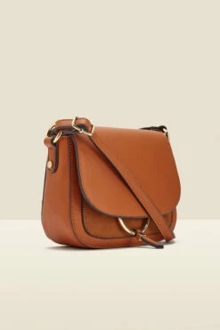 Tan Faux Leather Hoop Clasp Cross Body Bag -SOSANDAR Sales web sosandar hoopcrossbodybag tan b