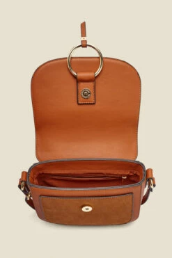 Tan Faux Leather Hoop Clasp Cross Body Bag -SOSANDAR Sales web sosandar hoopcrossbodybag tan d