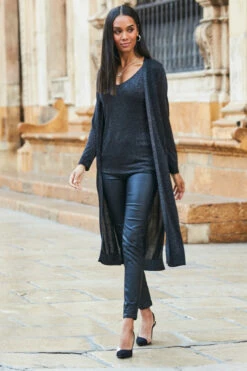 Pewter Metallic Super Sparkly Longline Cardigan -SOSANDAR Sales web twinset 084