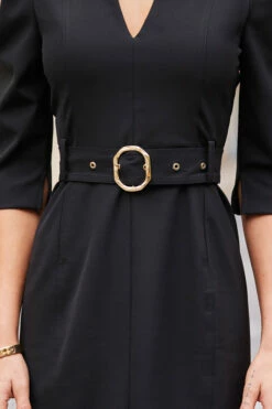 Black Ruched Shoulder Belted Pencil Dress -SOSANDAR Sales web 01 adw079bk0001 16