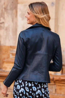 Navy Blue Leather Biker Jacket -SOSANDAR Sales web 04 a23dj004ldbe01 345 rt