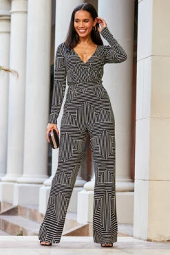 Black & White Geometric Print Wrap Front Wide Leg Jumpsuit With Pockets