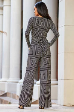 Black & White Geometric Print Wrap Front Wide Leg Jumpsuit With Pockets -SOSANDAR Sales web 09 a20jj004nege01 132 rt