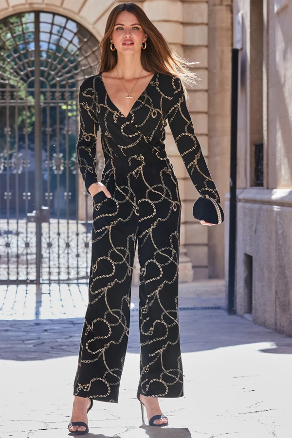 Black & Gold Chain Print Wrap Front Wide Leg Jumpsuit With Pockets 8 Black & Gold Chain Print Wrap Front Wide Leg Jumpsuit With Pockets - Image 6