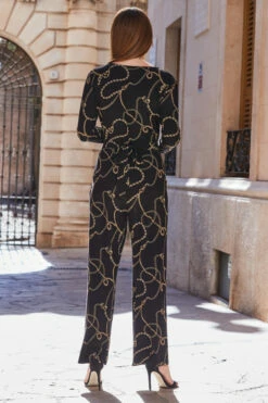 Black & Gold Chain Print Wrap Front Wide Leg Jumpsuit With Pockets 11 Black & Gold Chain Print Wrap Front Wide Leg Jumpsuit With Pockets -SOSANDAR Sales web 100 a20jj004 141