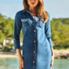 Mid Blue Denim Button Front Shift Dress -SOSANDAR Sales web 100 s22dd020be0010 061