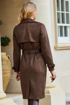 Chocolate Faux Suede Belted Trench Coat 9 Chocolate Faux Suede Belted Trench Coat -SOSANDAR Sales web 10 a23tk654nl0006 a20bp009pt0004 s23op007pt0004 281