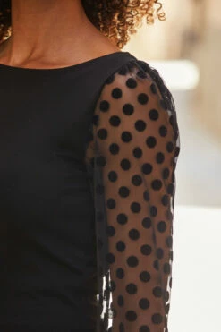 Black Polka Dot Mesh Sleeve Detail Jersey Top -SOSANDAR Sales web 111 a22tj057bk0001 200