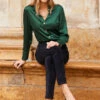 Emerald Green Luxe Satin Shirt With Gold Button Detail -SOSANDAR Sales web 11 aow014bk0001 atw056gn003 a0bd008bk0001 097 1