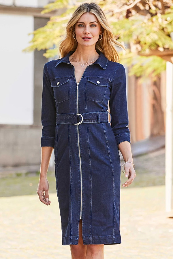 Dark Indigo Zip Front Belted Denim Dress 6 Dark Indigo Zip Front Belted Denim Dress - Image 4