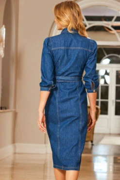 Mid Blue Denim Belted Popper Front Dress With Pockets -SOSANDAR Sales web 12 s23dd012be0010 084