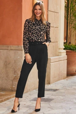 Black High Waist Belted Tapered Trousers