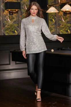 Champagne Gold Sequin Keyhole Detail Tunic Top -SOSANDAR Sales web 145 a22tw004cm0002 027 rt