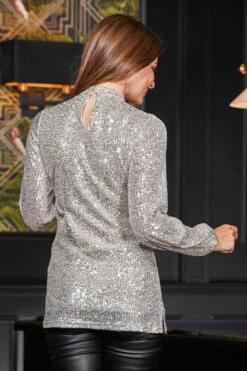 Champagne Gold Sequin Keyhole Detail Tunic Top -SOSANDAR Sales web 145 a22tw004cm0002 146