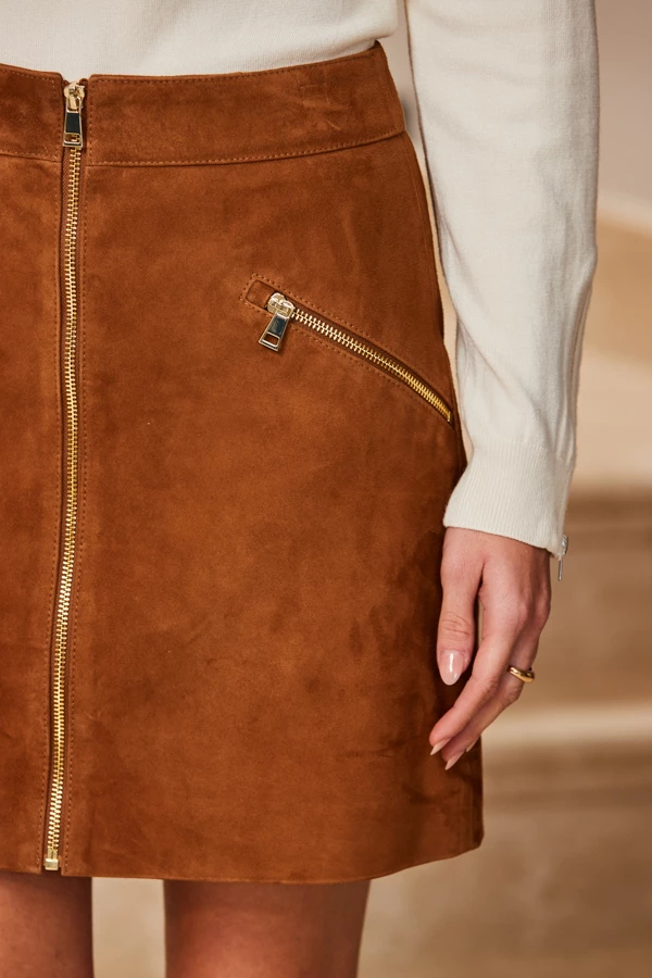 Tan Suede Zip Front A-Line Skirt 8 Tan Suede Zip Front A-Line Skirt - Image 6