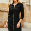 Black Zip Front Denim Shift Dress