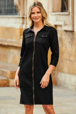 Black Zip Front Denim Shift Dress