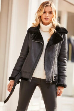 Black Faux Shearling Biker Jacket 12 Black Faux Shearling Biker Jacket -SOSANDAR Sales web 1809sosandar4595